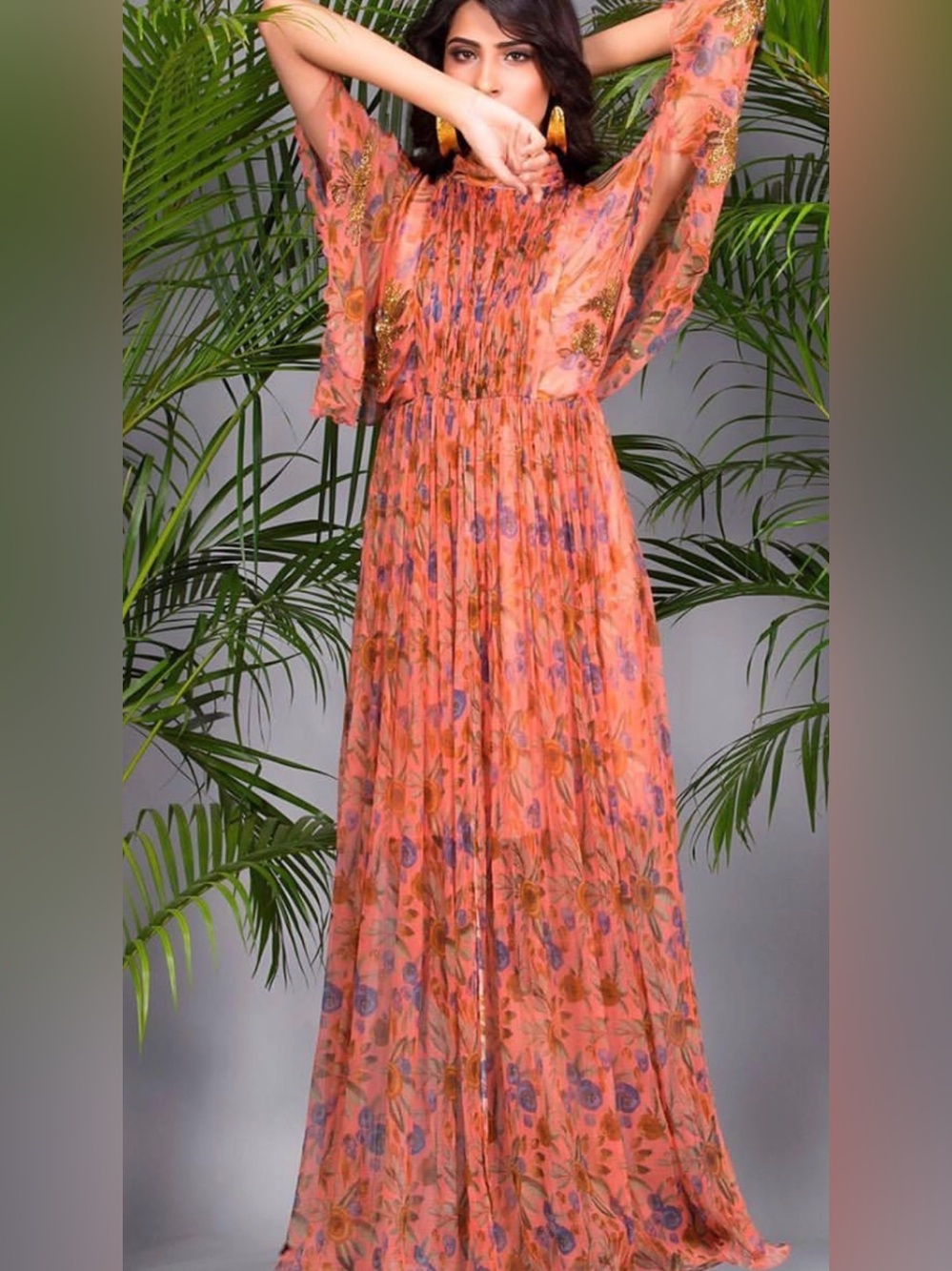 Pallavi Jaipur Embellished Chiffon Floral Maxi Dress Beaded Flutter Sleeves SzXL